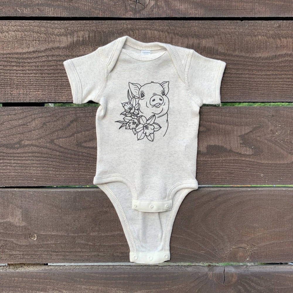 Baby onesie, pigs + daffodils print
